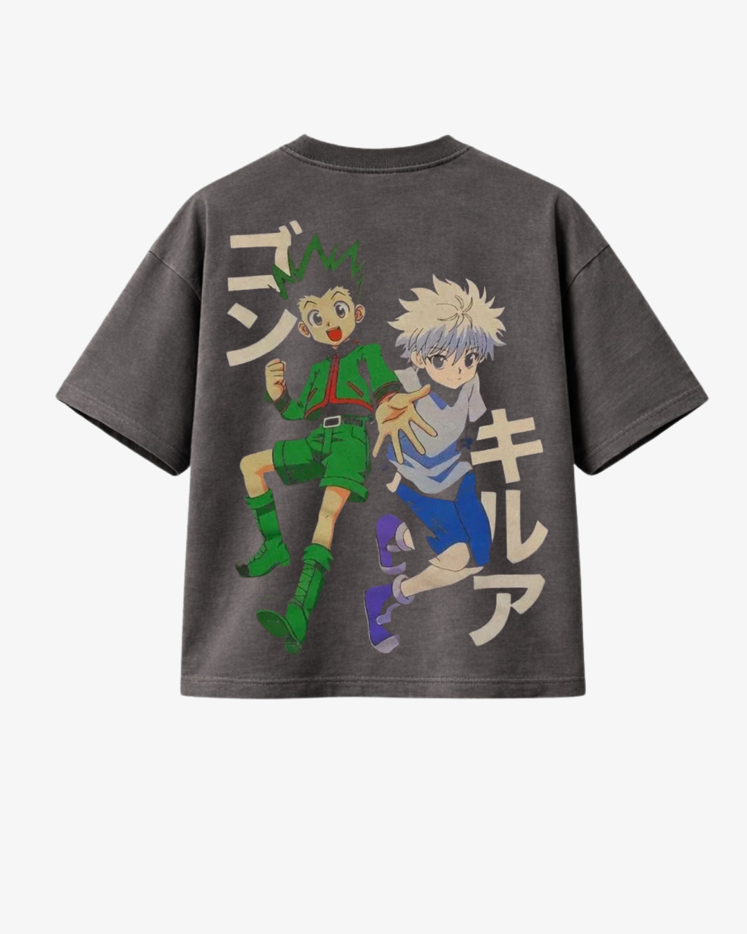 Boxy anime t-shirt featuring two classic characters in motion with Japanese text on a vintage-style grey fabric