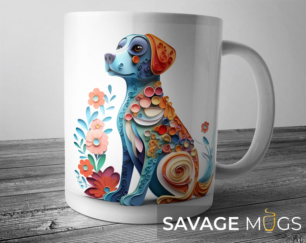 White ceramic mug with colourful artistic dog illustration and floral paper art design