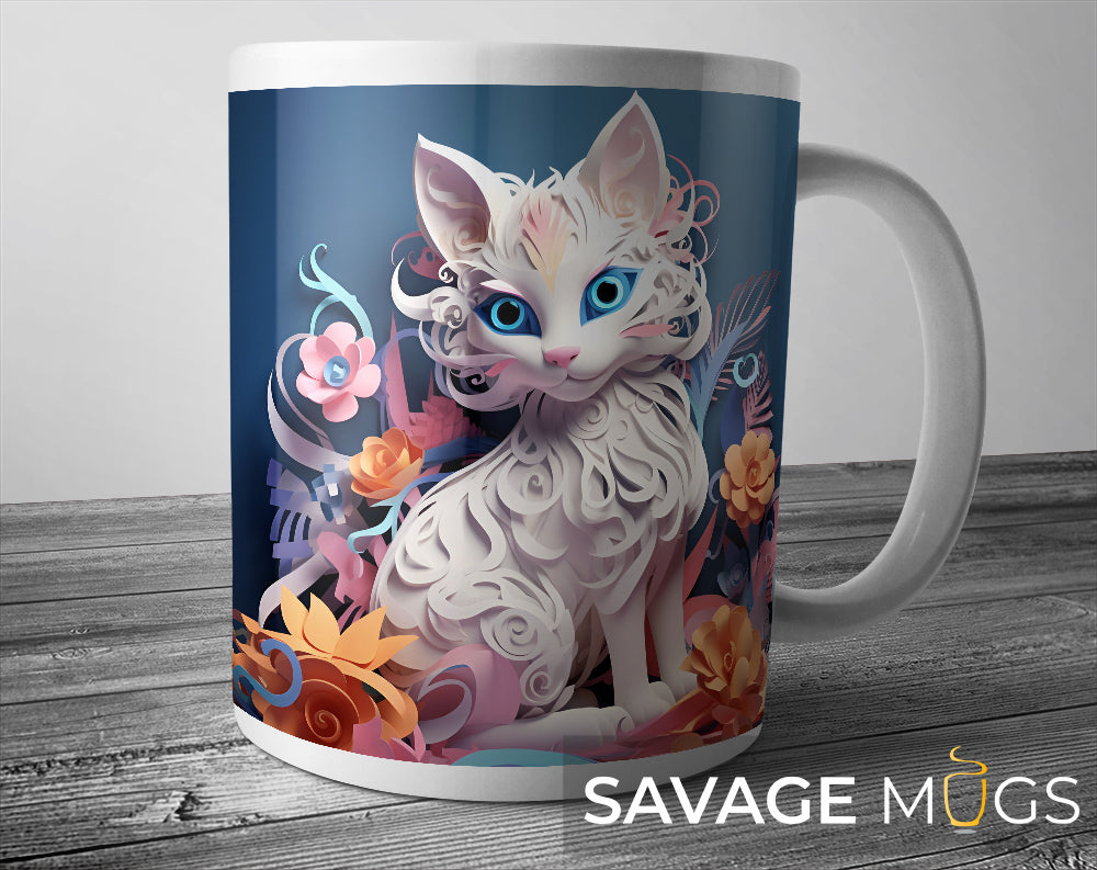 White ceramic mug featuring colourful artistic floral cat illustration on dark blue background