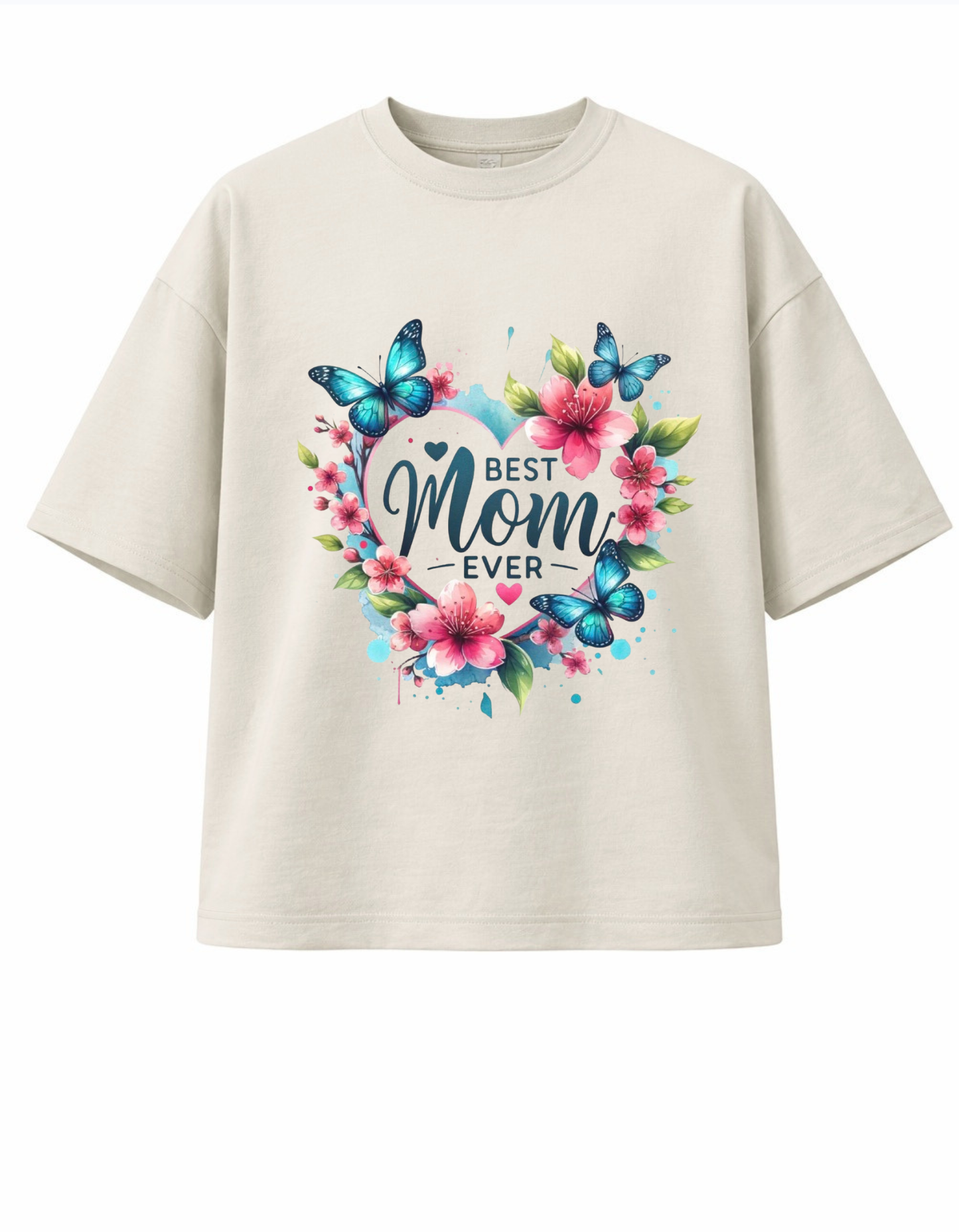 Beige 300GSM boxy fit cotton T-shirt with “Best Mom Ever” text, floral heart design and blue butterflies