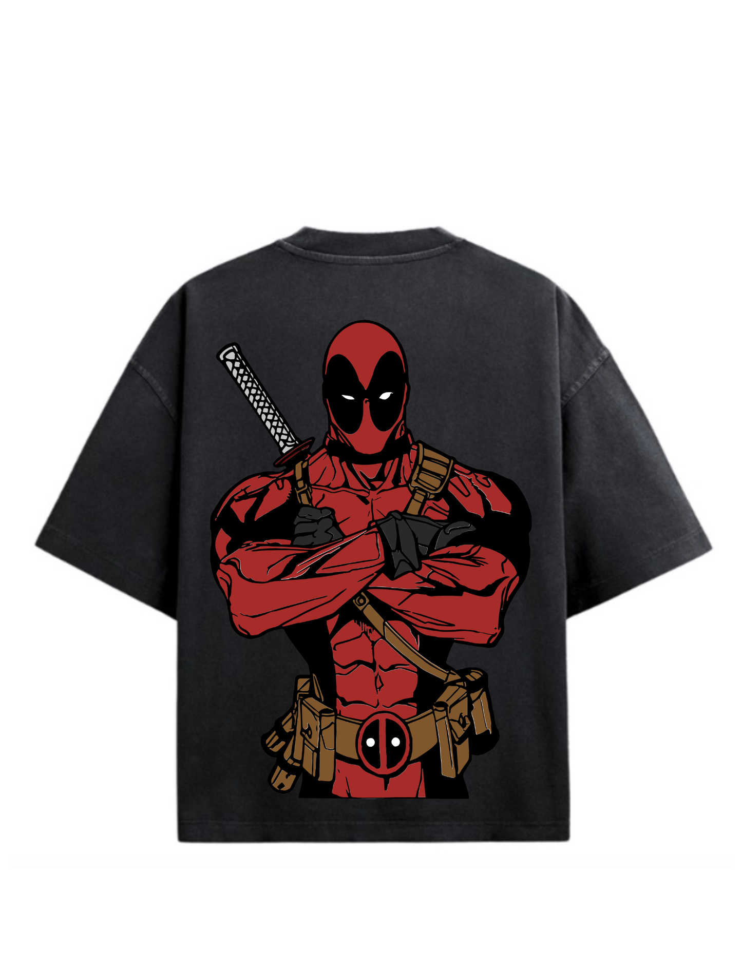 Black heavyweight boxy T-shirt with Deadpool arms crossed graphic design