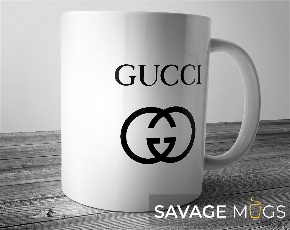 White ceramic mug with minimalist double logo style designer inspired design