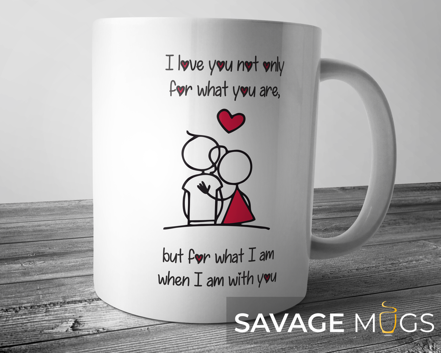 White ceramic mug with romantic couple illustration and meaningful love quote