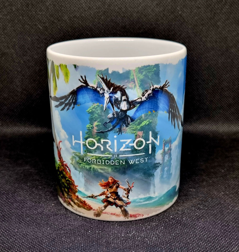 White ceramic mug featuring open-world sci-fi adventure inspired gaming design