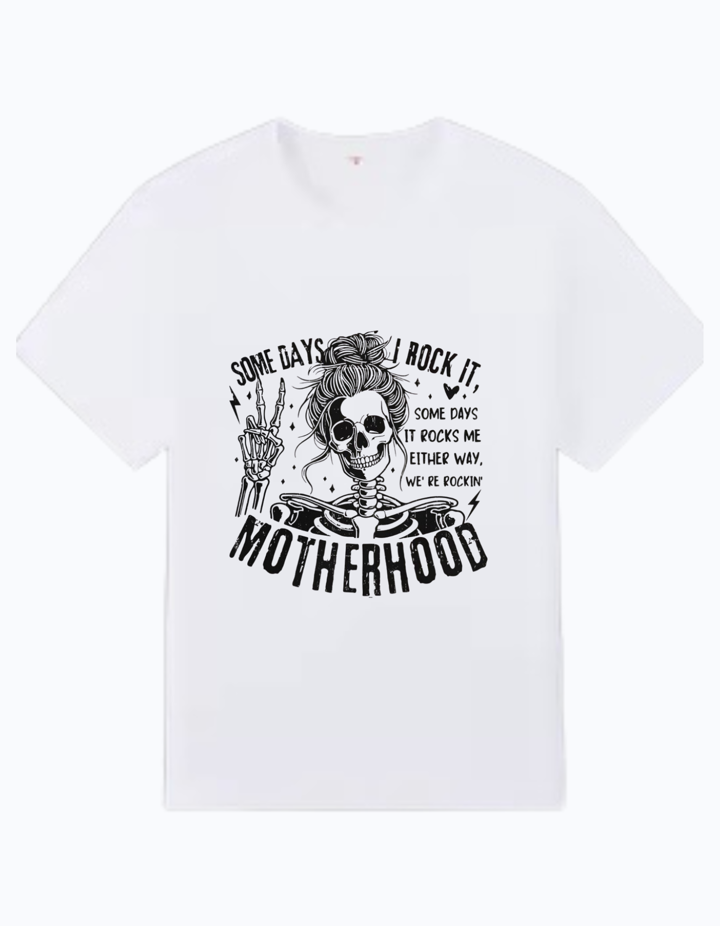 White 180 GSM cotton t-shirt with skeleton mom graphic and funny motherhood quote design