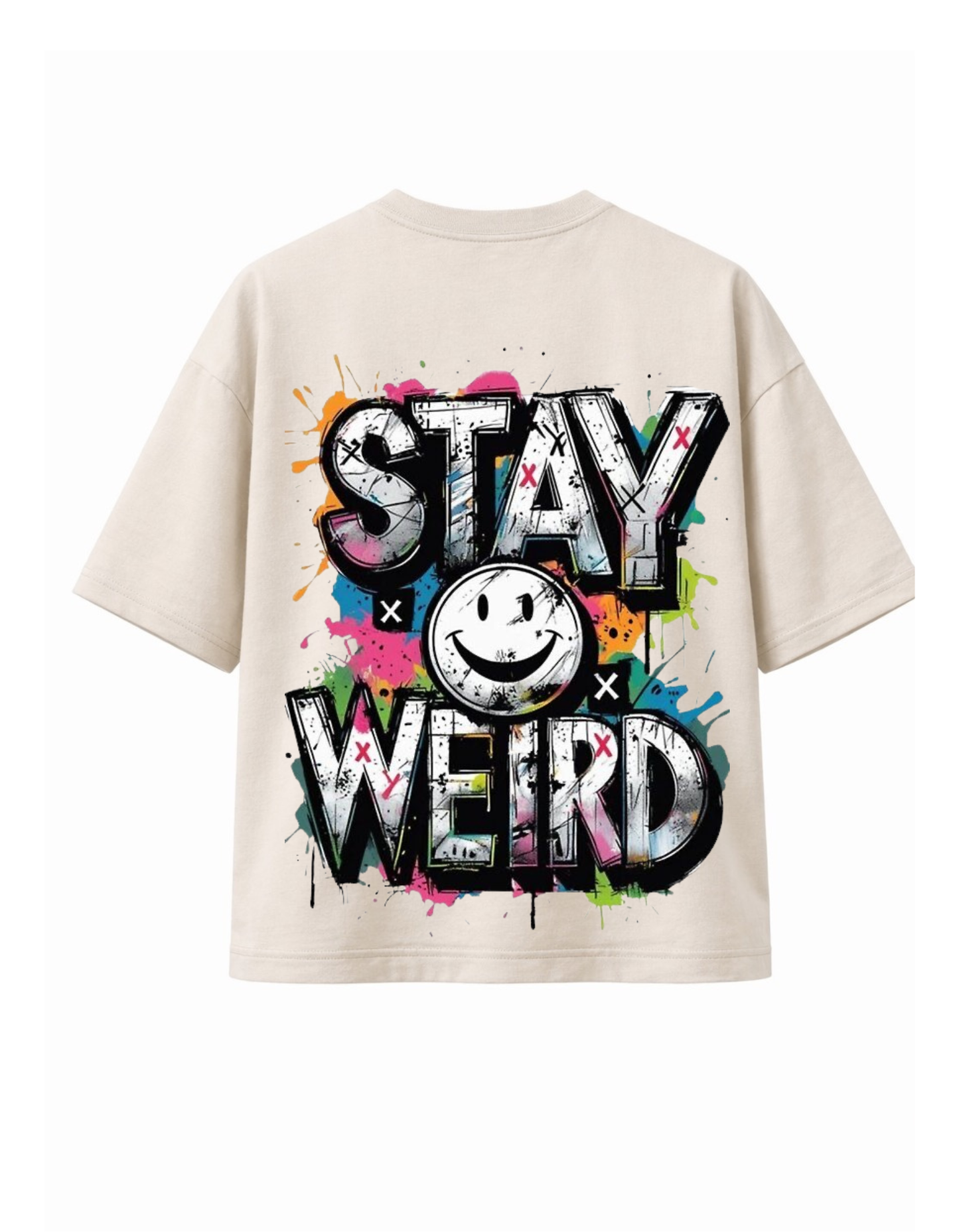 Beige heavyweight boxy T-shirt with Stay Weird graffiti style graphic print