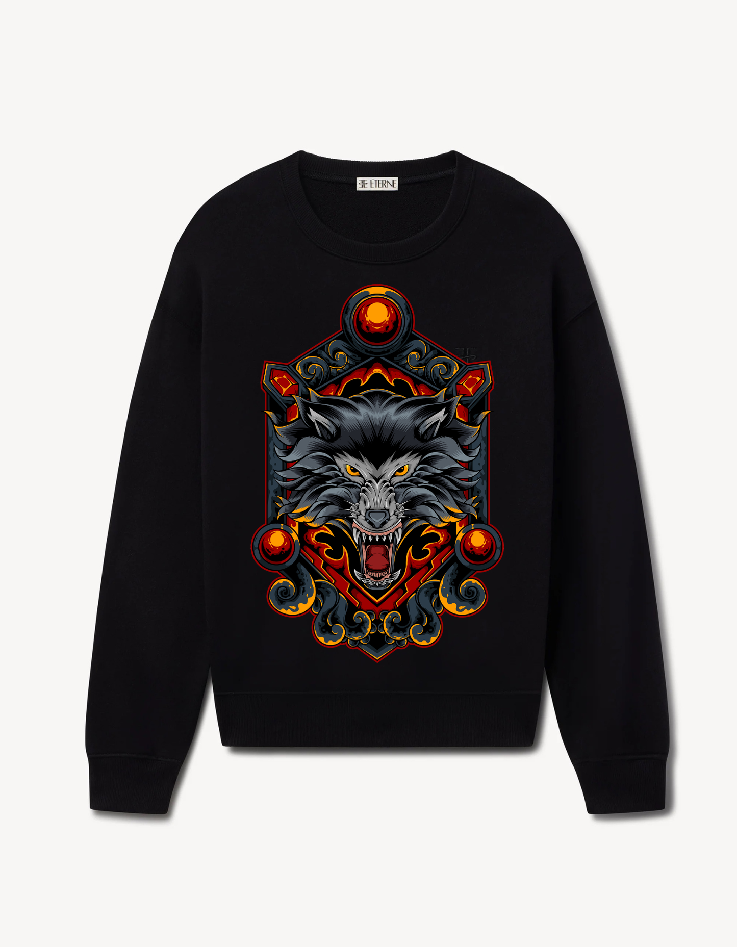 Black sweatshirt featuring a detailed wolf head with glowing eyes and red ornamental design
