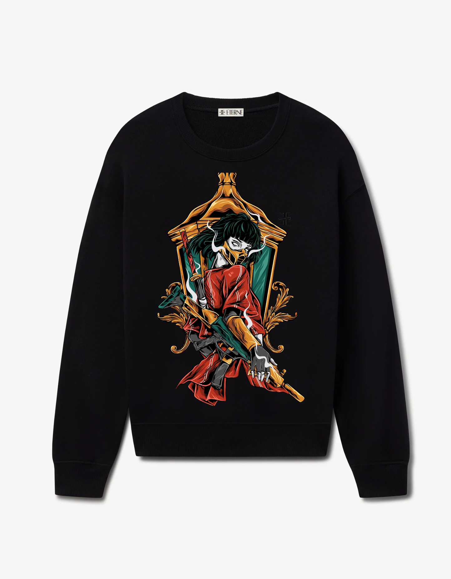 Black sweatshirt featuring a stylised woman with a weapon framed in gold and red accents