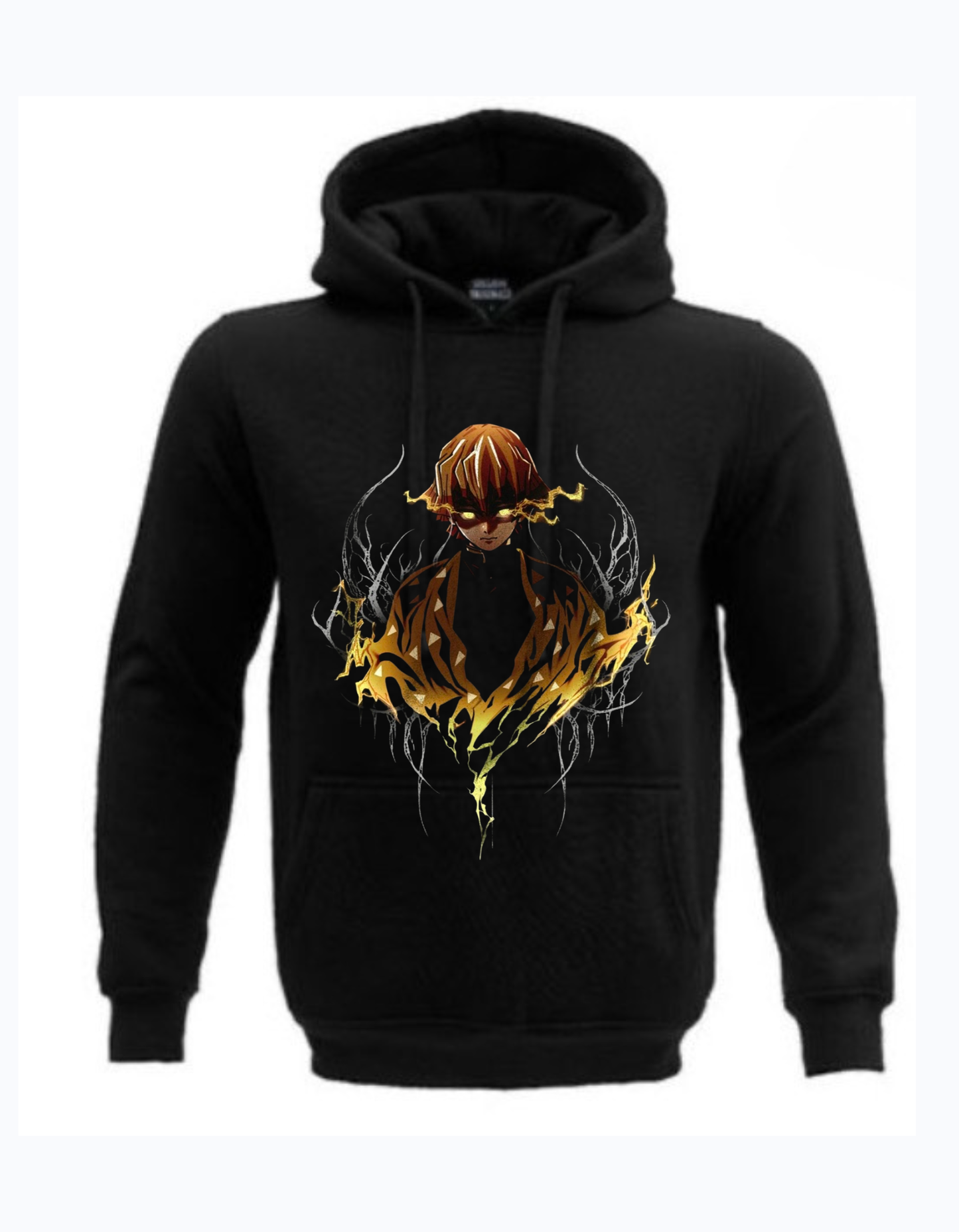 Black hoodie featuring Zenitsu Demon Slayer design with glowing lightning effects and bold anime artwork on the front