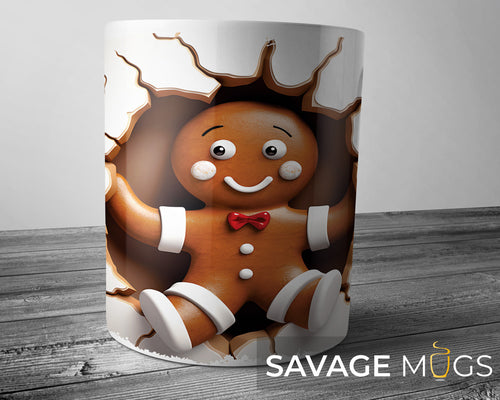 White ceramic mug with 3D illusion gingerbread man bursting through mug wall Christmas design