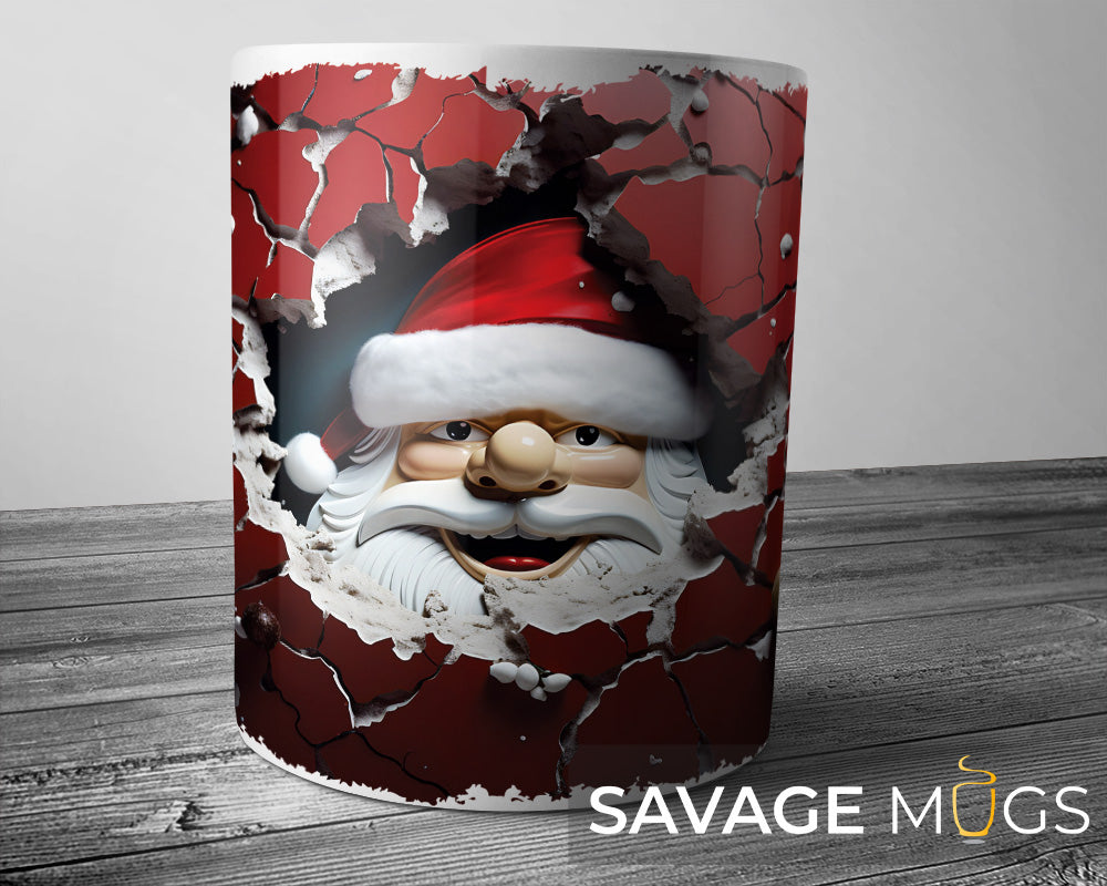 White ceramic mug with 3D illusion Santa Claus breaking through cracked red wall Christmas design