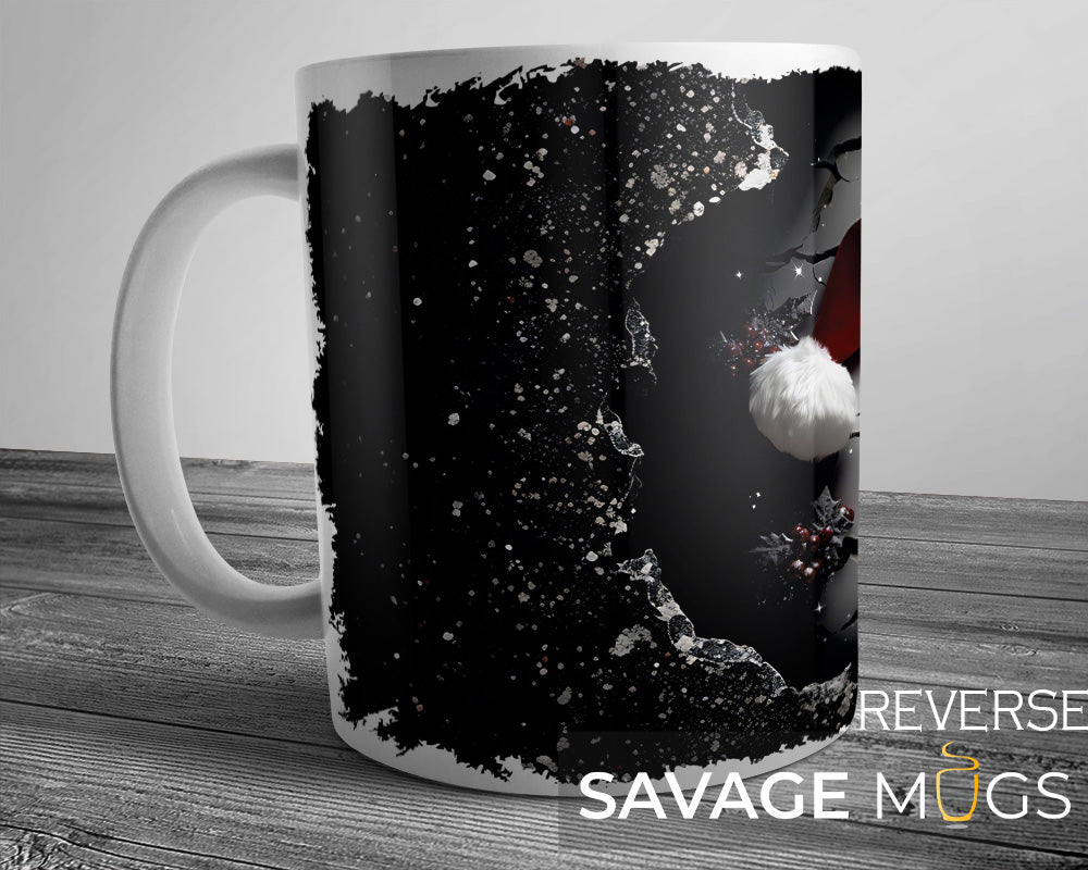 White ceramic mug with dark cracked wall 3D illusion Christmas design featuring Santa theme