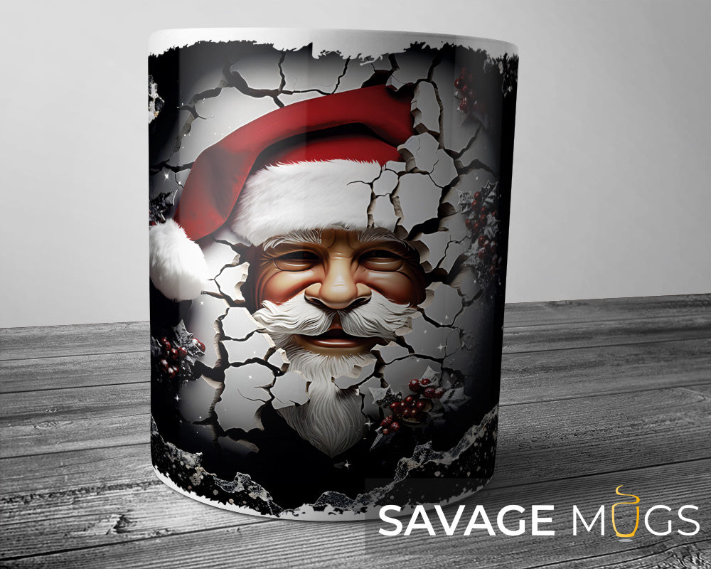 White ceramic mug with 3D illusion Santa face breaking through cracked wall Christmas design
