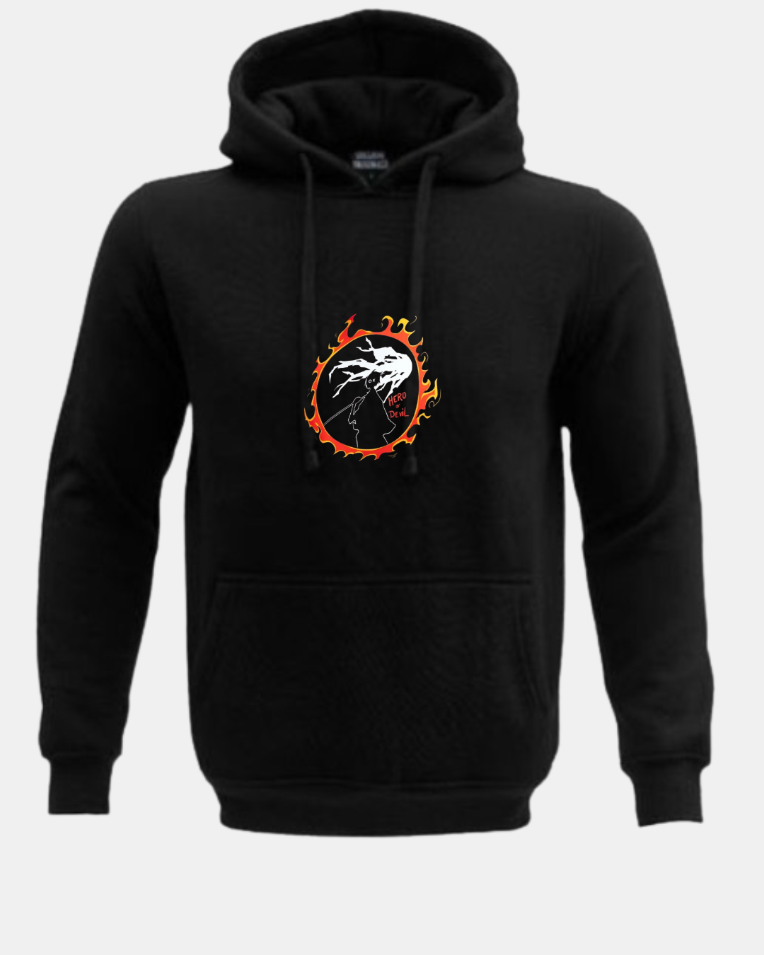 Black anime hoodie with fiery circle design and “King of Destruction” character graphic
