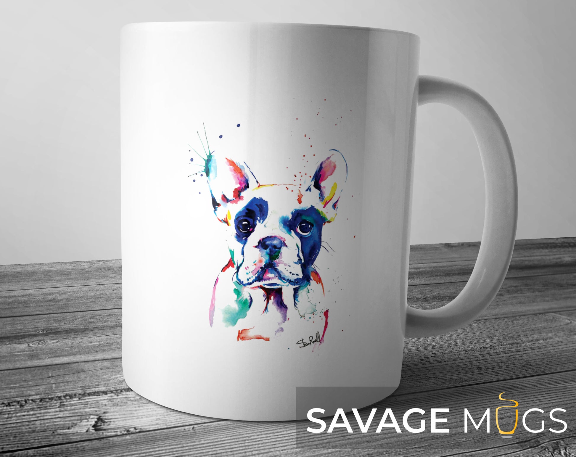 White ceramic mug with colourful watercolour French Bulldog illustration