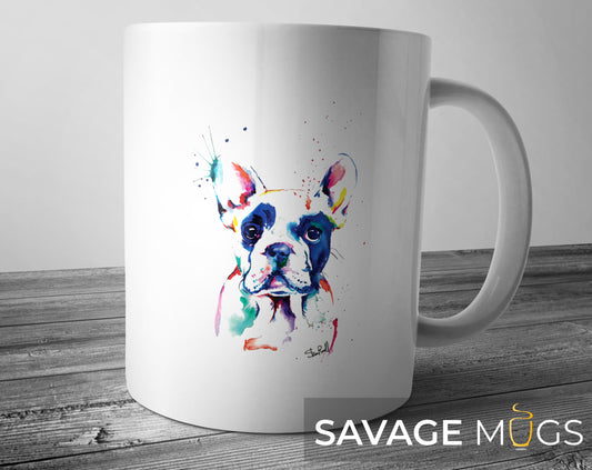 White ceramic mug with colourful watercolour French Bulldog illustration