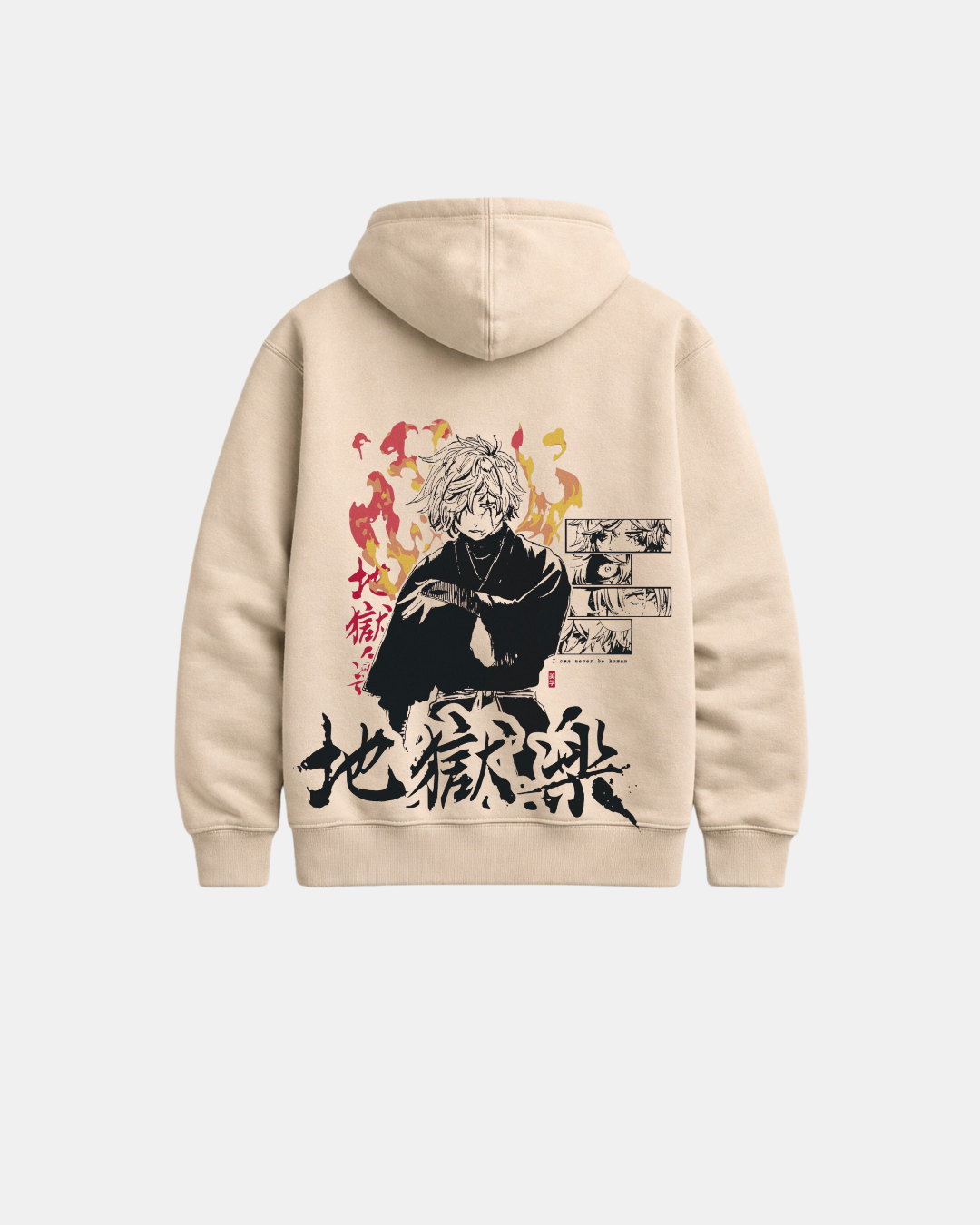 Beige anime hoodie featuring character with flame background, Japanese text and manga panel design