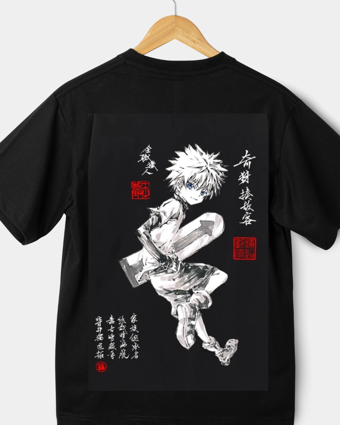 Black anime t-shirt featuring ink-style character with blue eyes, Japanese calligraphy and red stamp design