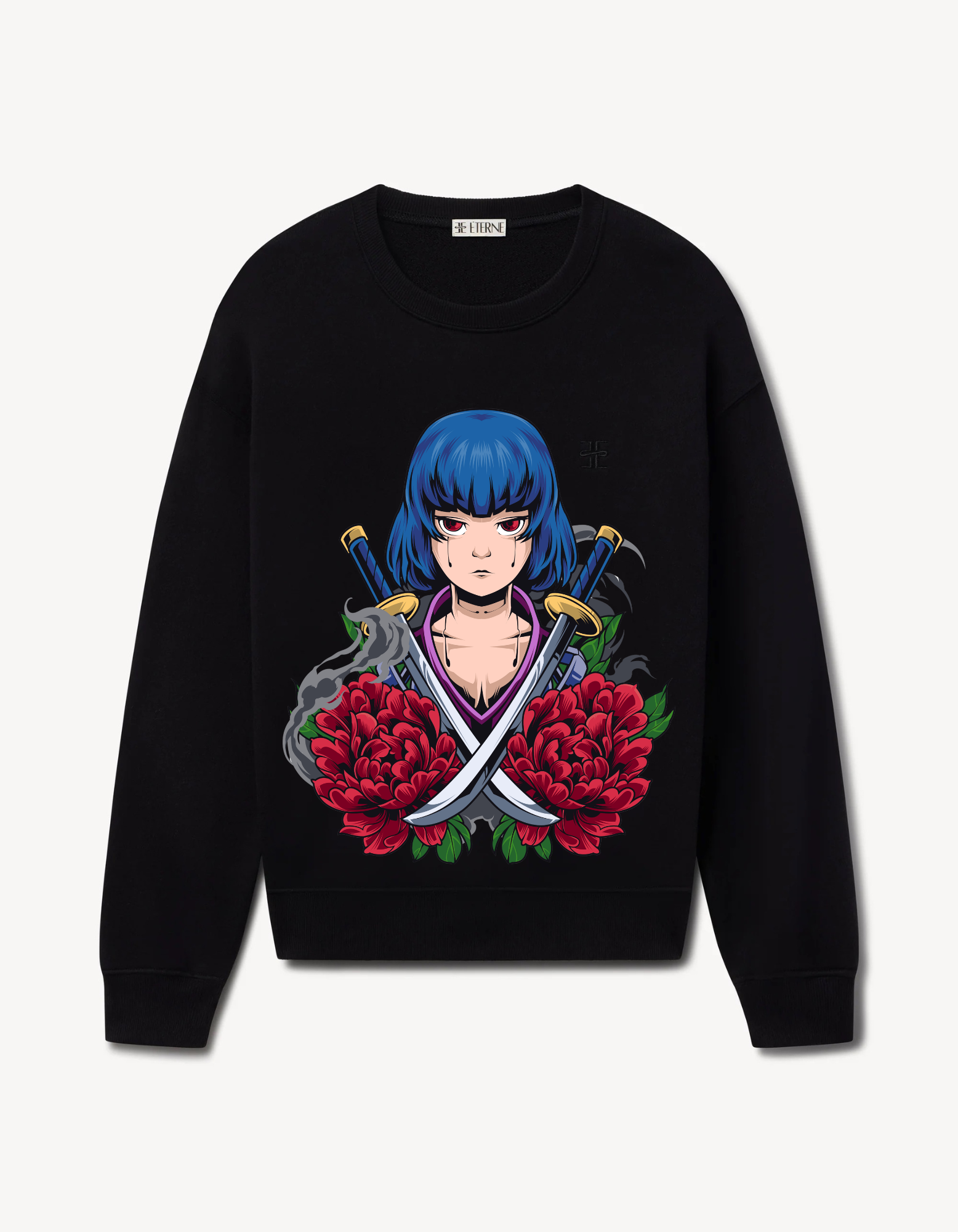 Black sweatshirt with anime girl, crossed swords, and red floral design