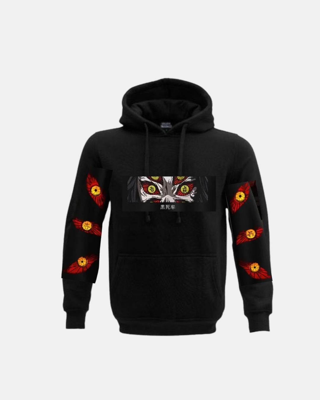Black anime hoodie with intense demon eye graphic on chest and red eye sleeve designs with Japanese text
