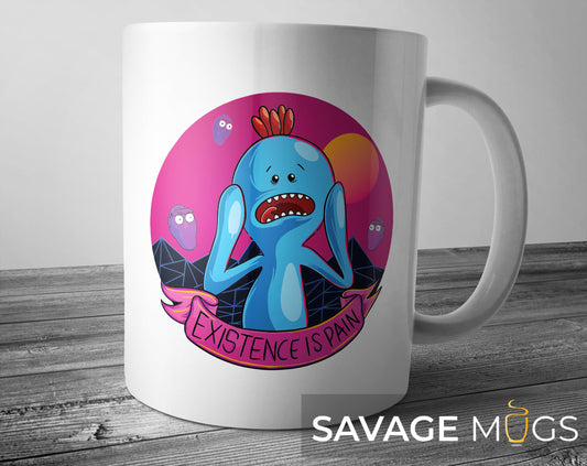 White ceramic mug with funny sci-fi cartoon character and “Existence Is Pain” quote