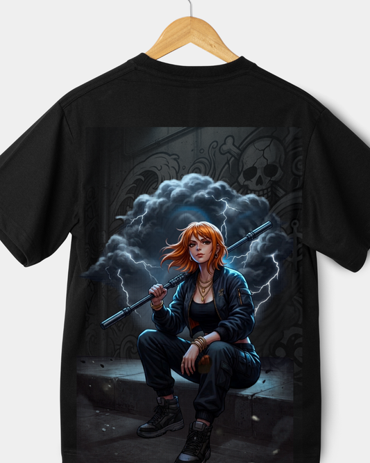 Black boxy anime t-shirt featuring female warrior with lightning storm background and detailed graphic design