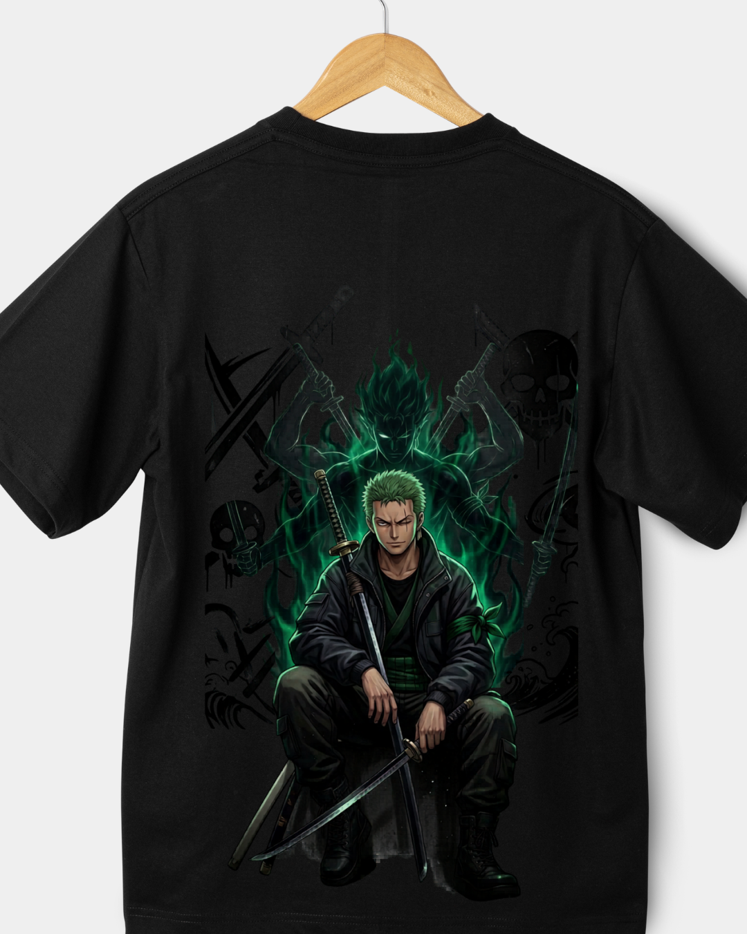 Black anime t-shirt featuring swordsman character with green aura and detailed graphic design