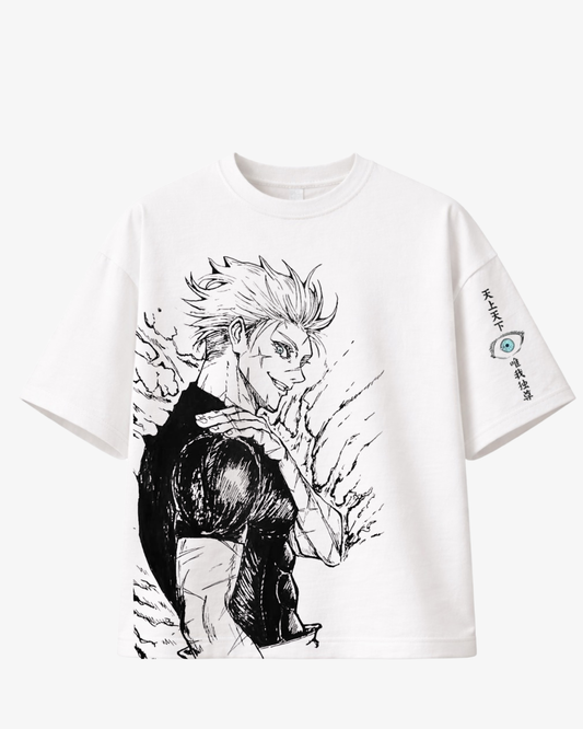 White boxy anime t-shirt featuring minimalist black ink character design with sleeve detail and Japanese text