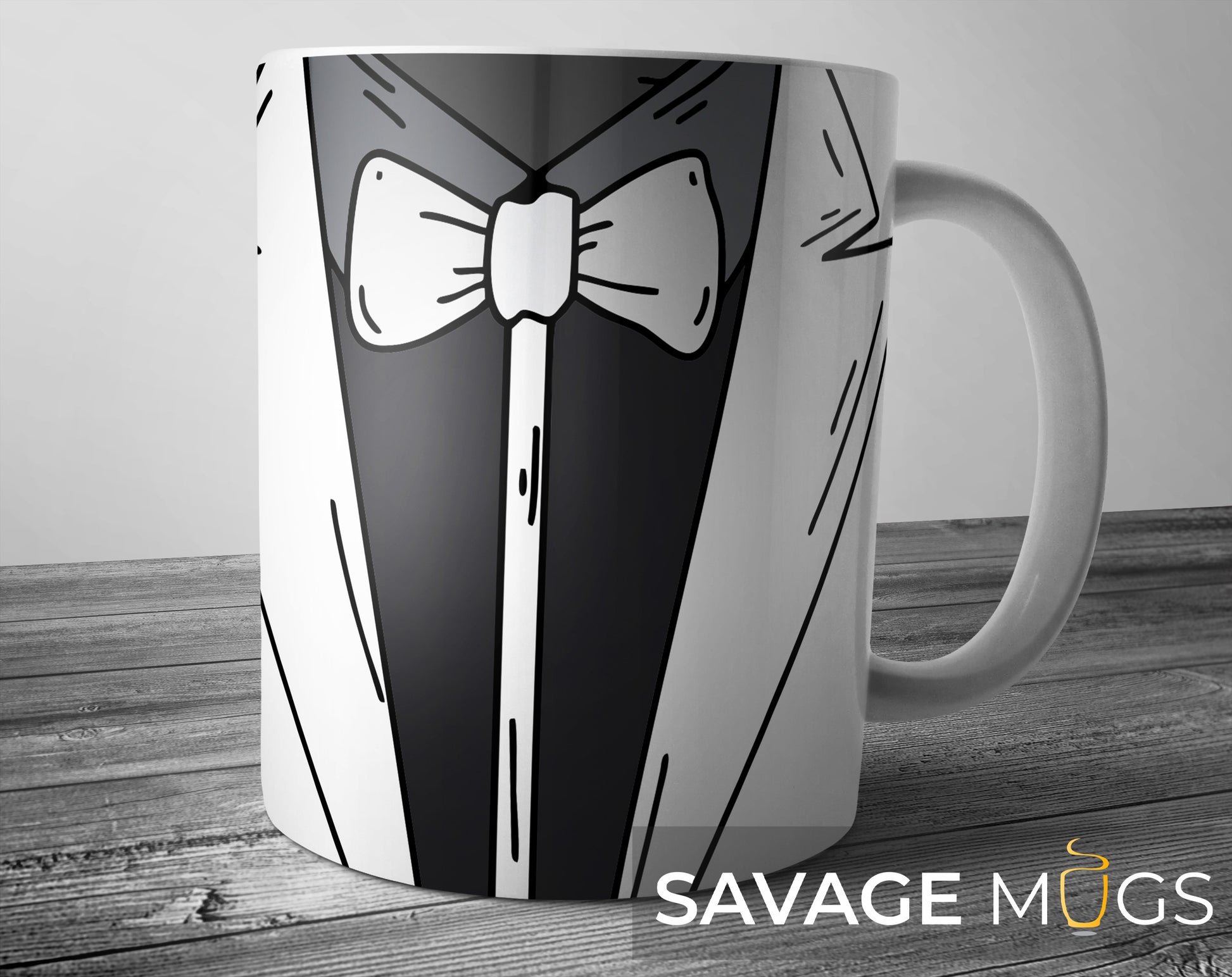 White ceramic mug with black suit and bow tie design
