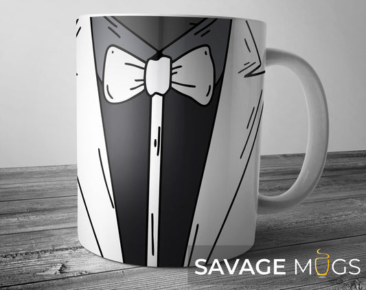 White ceramic mug with black suit and bow tie design