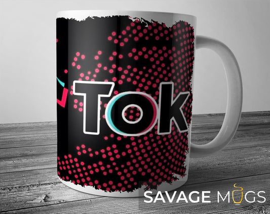 White ceramic mug with vibrant Tok inspired social media style design