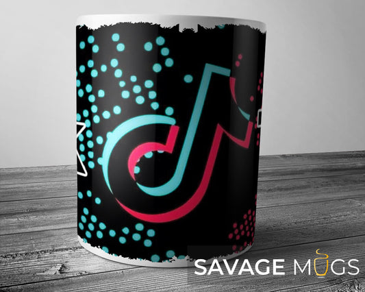 White ceramic mug with vibrant Tok inspired social media style design