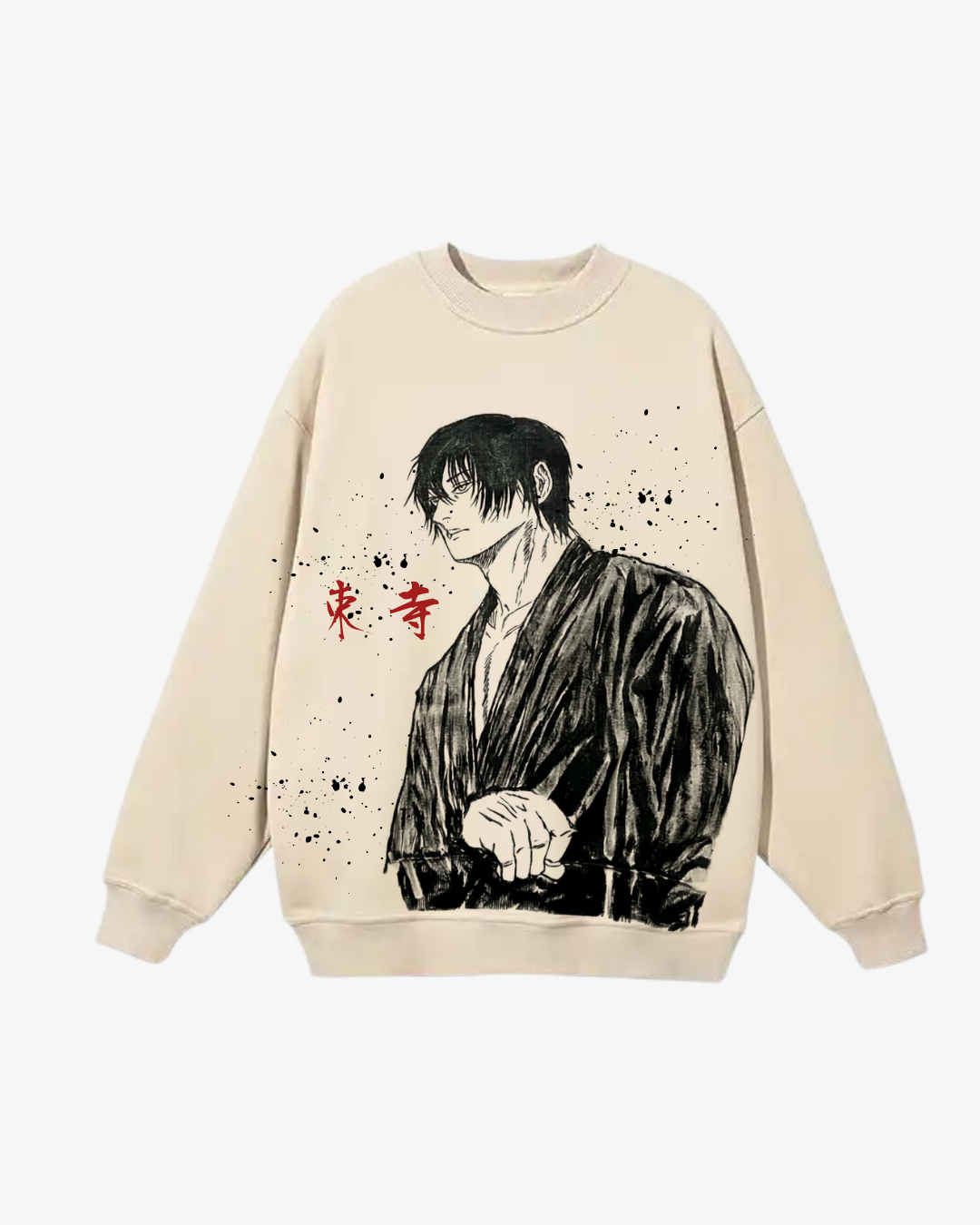 Beige anime sweatshirt featuring samurai-style character with ink sketch design and red Japanese text