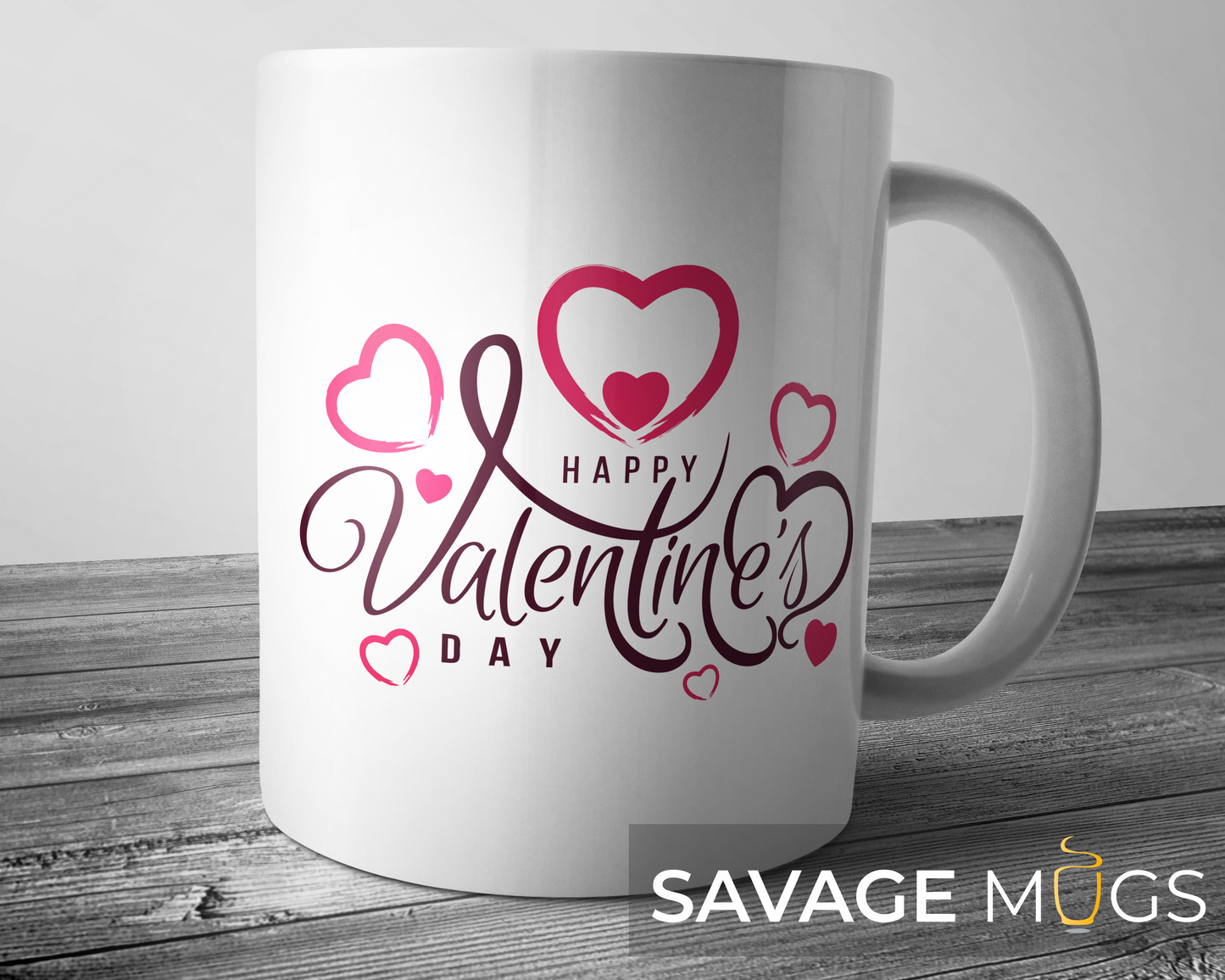 White ceramic mug with Happy Valentine’s Day text and heart design