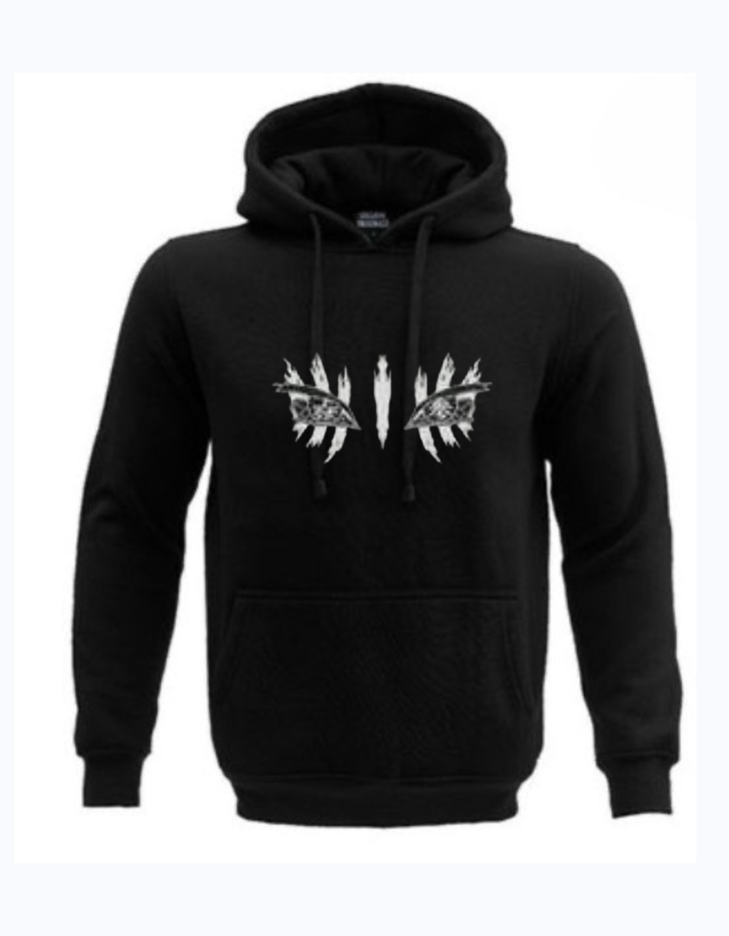 Black hoodie with minimal anime eye graphic on front and monochrome Akaza character print on the back
