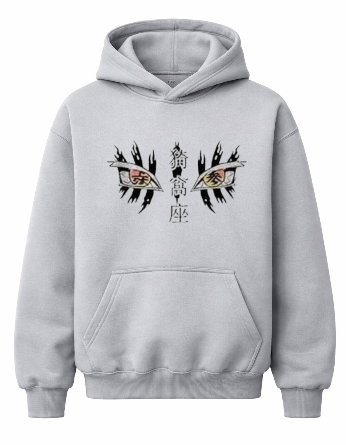 Grey hoodie featuring Akaza Upper Moon III Demon Slayer design with minimal eye graphic front and detailed back print