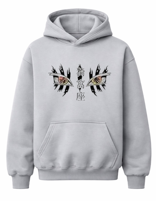 Grey hoodie featuring Akaza Upper Moon III Demon Slayer design with minimal eye graphic front and detailed back print