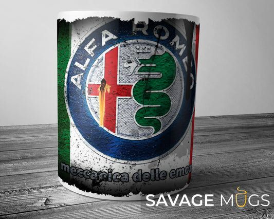 White ceramic mug with Alfa Romeo inspired grunge motorsport design