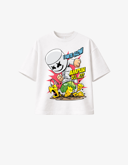 White 300 GSM boxy fit T-shirt with cartoon DJ graphic smashing slow button with Amp It Up text