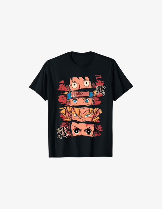 Black anime graphic T-shirt showing stacked faces inspired by Luffy Naruto Goku and Tanjiro characters