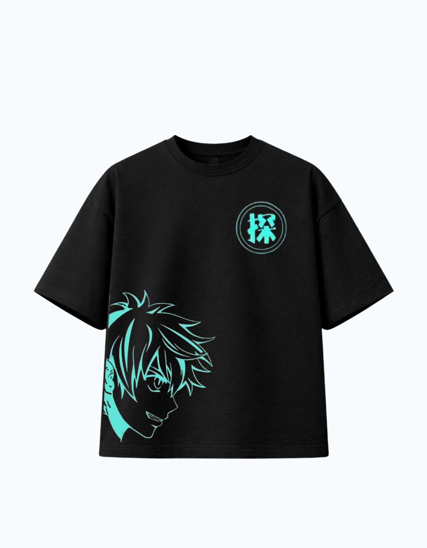 Black 300GSM boxy T-shirt featuring minimalist anime character outline with neon teal glow and off-centre design