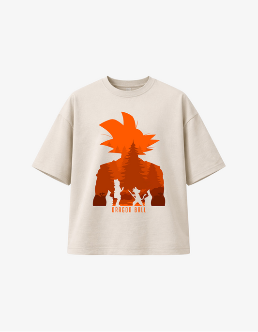Beige 300 GSM boxy fit T-shirt with orange anime warrior silhouette graphic design printed in South Africa