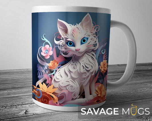 White ceramic mug featuring colourful artistic floral cat illustration on dark blue background