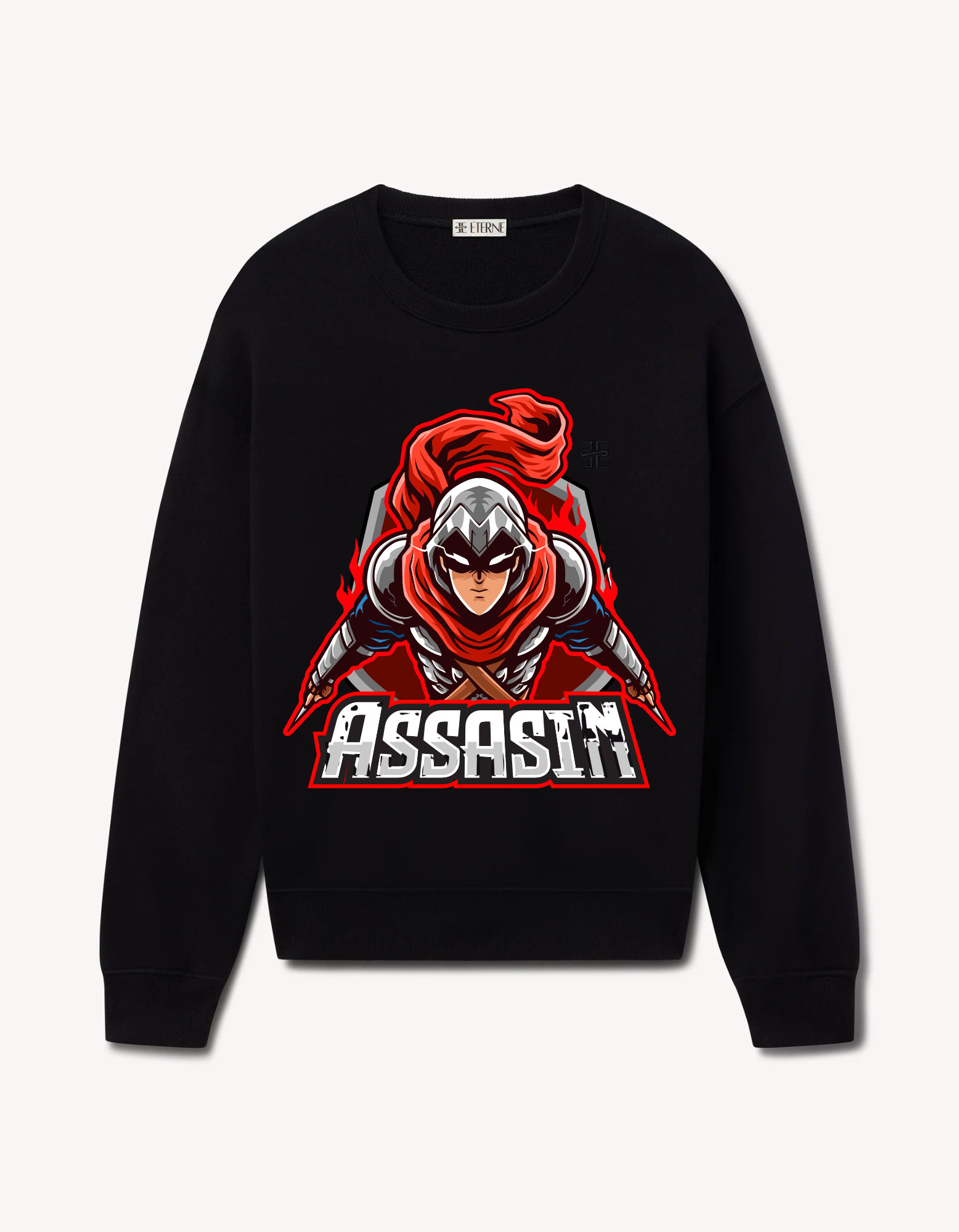 Black sweatshirt featuring a hooded assassin with red accents and bold graphic text design