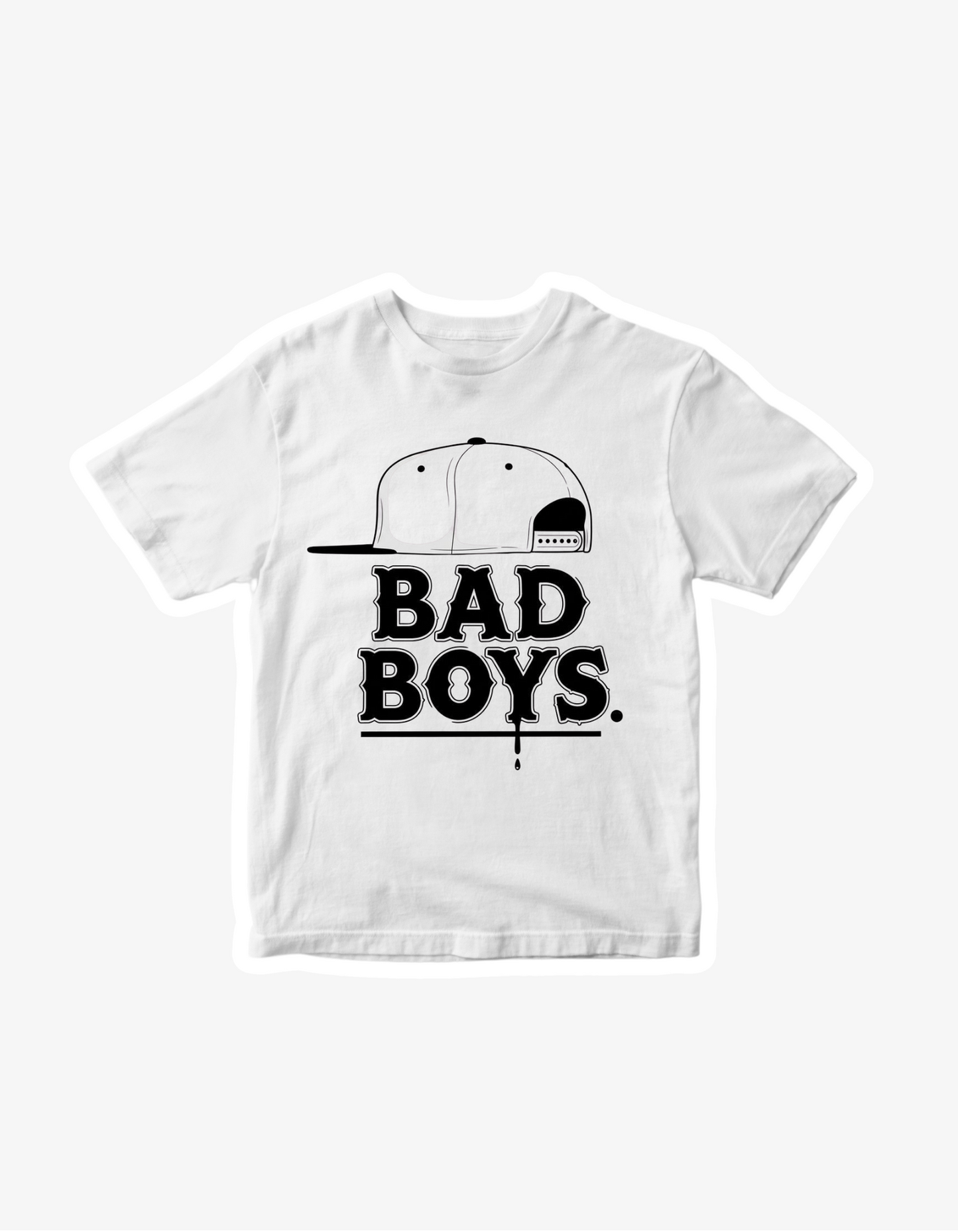 White T-shirt with Bad Boys streetwear graphic and snapback cap illustration