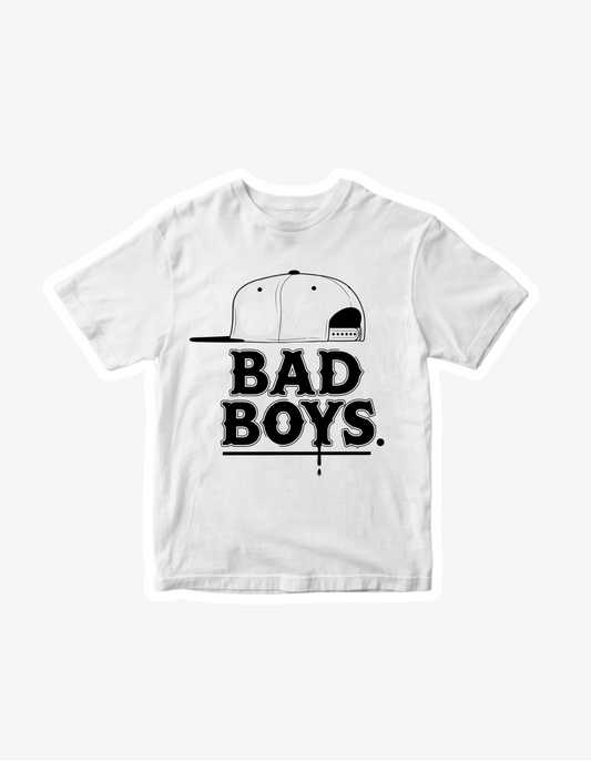 White T-shirt with Bad Boys streetwear graphic and snapback cap illustration