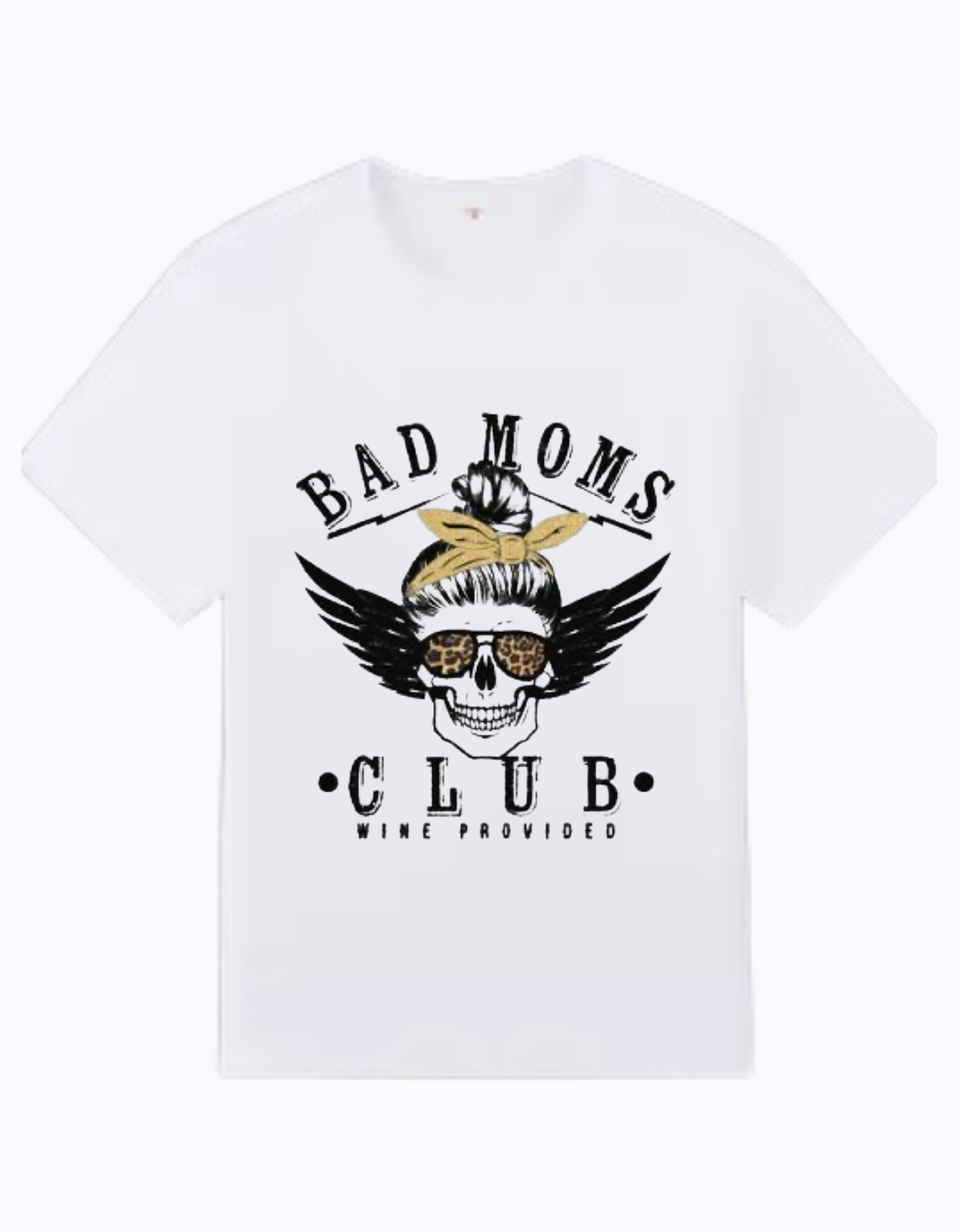 White 180 GSM cotton t-shirt with Bad Moms Club skull graphic design