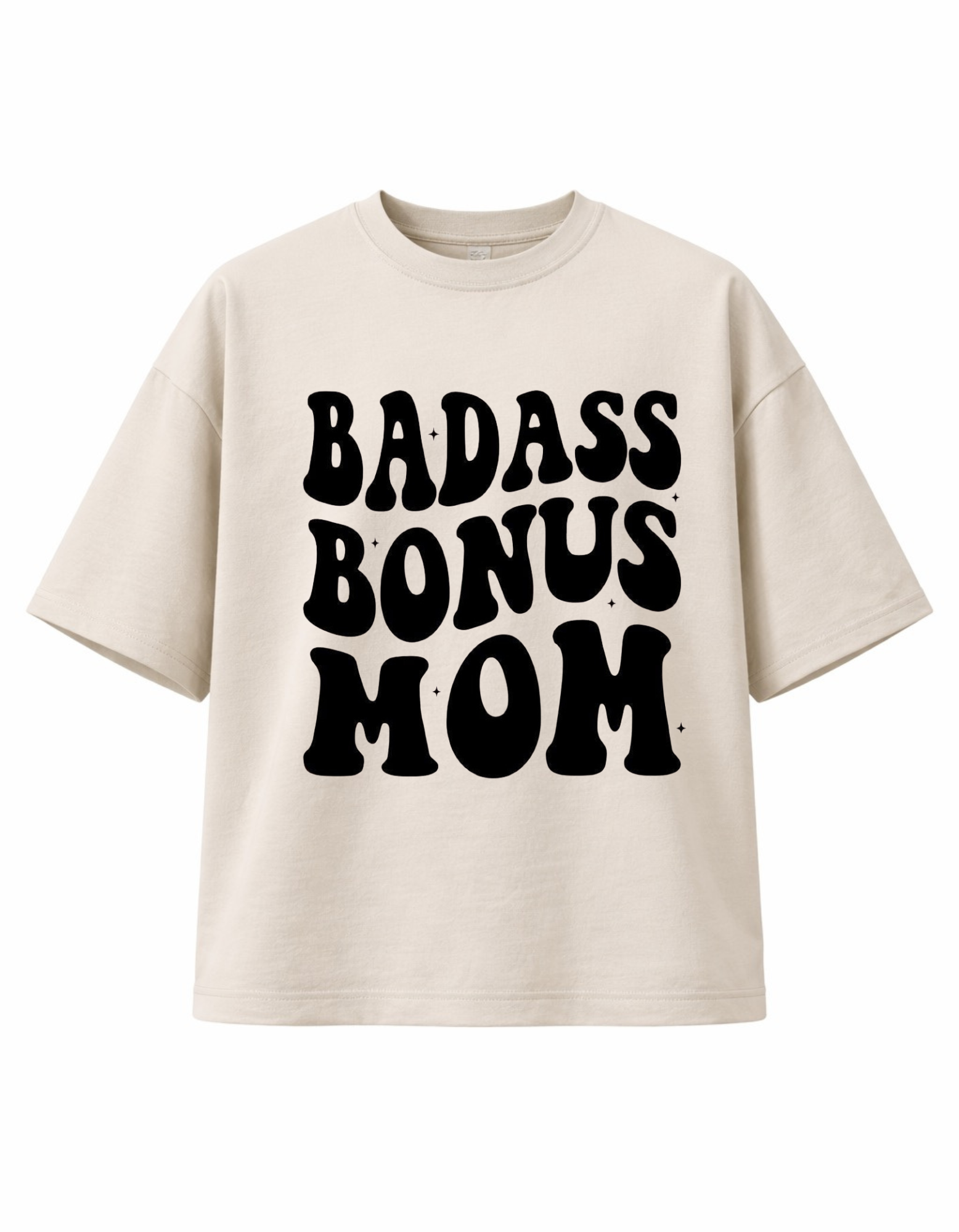 Beige 300 GSM boxy cotton t-shirt with Badass Bonus Mom bold text design