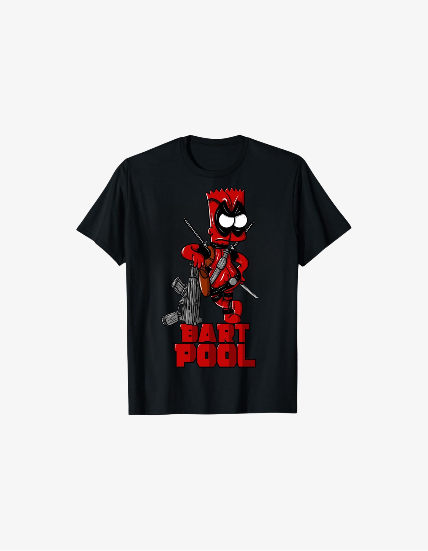 Black T-shirt with red Bartpool comic parody character graphic