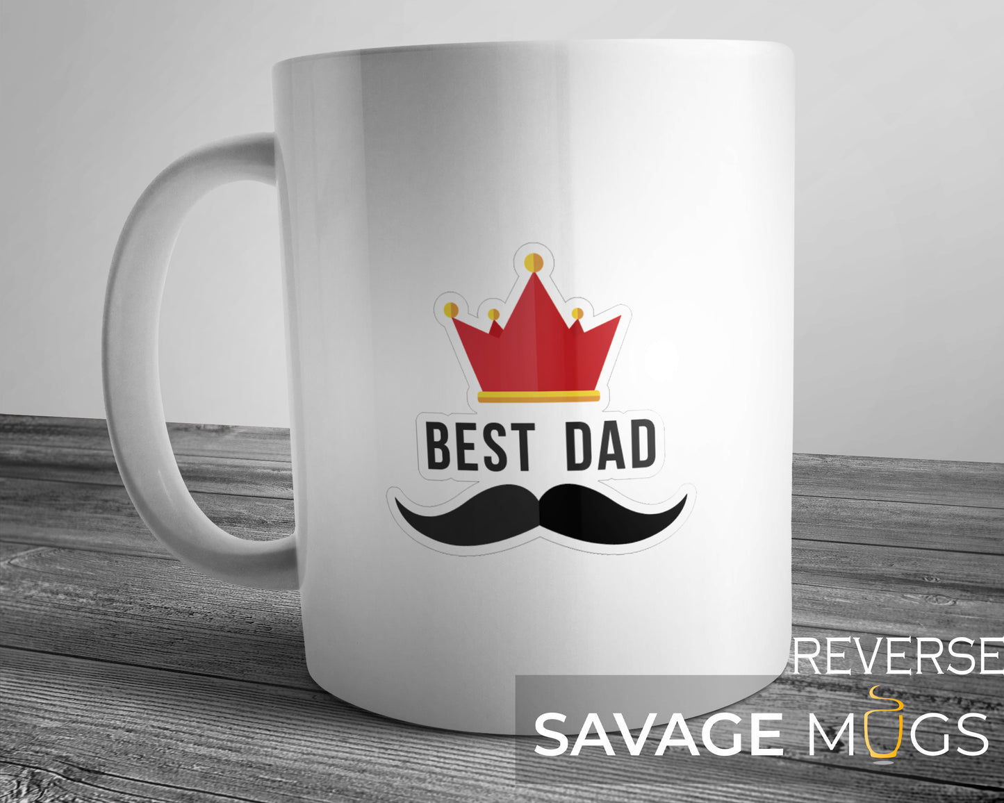 White ceramic mug with Best Dad crown and moustache design